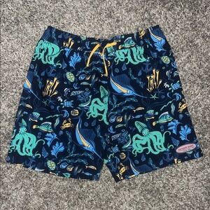 Vineyard Vines Navy Ocean Life Swim Trunks with Teal Octopus Print